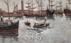 Old Italian Port Scene with Sailboats, Marina, Signed Oil Painting