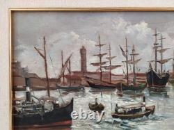 Old Italian Port Scene with Sailboats, Marina, Signed Oil Painting