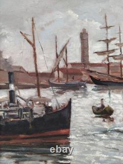 Old Italian Port Scene with Sailboats, Marina, Signed Oil Painting