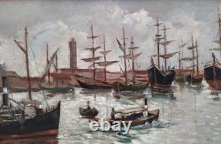 Old Italian Port Scene with Sailboats, Marina, Signed Oil Painting