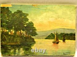 Old Marine Oil Painting on Wooden Panel Sailboat Boat Painting