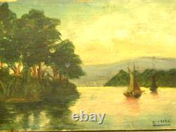 Old Marine Oil Painting on Wooden Panel Sailboat Boat Painting