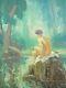 Old Oil On Canvas Nude Naked Woman And Swimming On Sous Bois Signed
