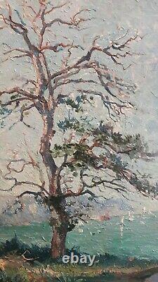 Old Oil On Wood, Tree, Landscape, Seafront