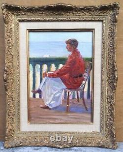 Old Oil Painting André NIVARD (1880-1969) Seated Woman Portrait by the Seashore