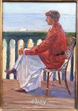 Old Oil Painting André NIVARD (1880-1969) Seated Woman Portrait by the Seashore