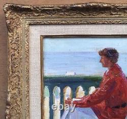 Old Oil Painting André NIVARD (1880-1969) Seated Woman Portrait by the Seashore