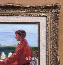 Old Oil Painting André NIVARD (1880-1969) Seated Woman Portrait by the Seashore