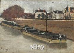 Old Oil Painting Signed Paul Givry (xix-xx) Barge, Boat, Berge