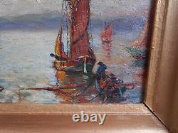 Old Oil Painting of Marine Seaside Tableau in Saint Tropez Boats Sailboats