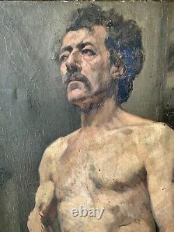 Old Oil Painting on Canvas Academic Study of a Nude Man Late 19th Century
