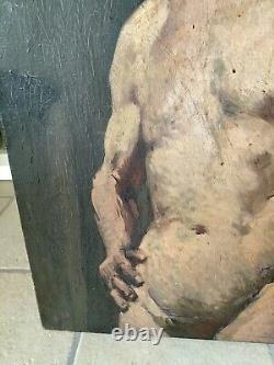 Old Oil Painting on Canvas Academic Study of a Nude Man Late 19th Century