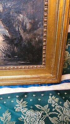 Old Oil Painting on Wood Frame from the Barbizon School with Animals from the 19th Century