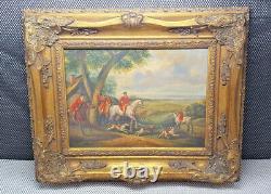 Old Oil Painting on Wood Frame in Resin Signed G Roy Hunting Scene