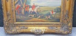 Old Oil Painting on Wood Frame in Resin Signed G Roy Hunting Scene