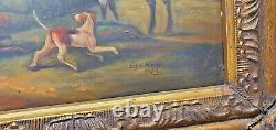 Old Oil Painting on Wood Frame in Resin Signed G Roy Hunting Scene