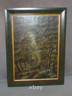 Old Oil Painting on Wood Panel Signed Forest Landscape Framed