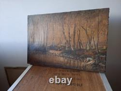 Old Oil on Canvas Landscape Under Wood Forest Washerwomen Signed A Grange 1934