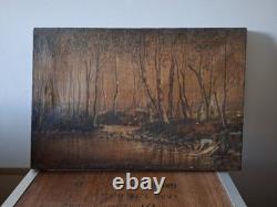 Old Oil on Canvas Landscape Under Wood Forest Washerwomen Signed A Grange 1934