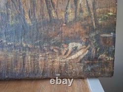 Old Oil on Canvas Landscape Under Wood Forest Washerwomen Signed A Grange 1934