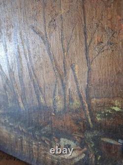 Old Oil on Canvas Landscape Under Wood Forest Washerwomen Signed A Grange 1934