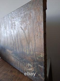 Old Oil on Canvas Landscape Under Wood Forest Washerwomen Signed A Grange 1934