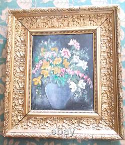 Old Oil on Cardboard Flower Bouquet in Old Gilded Wooden Frame