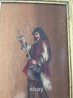 Old Oil on Wood Framed Panel Musketeer Signed 19th Century