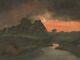 Old Original Oil Painting Landscape, Sunset, River, Tree