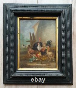 Old Painting By Claude Guilleminet Bass Scene Chickens Cock Turkey