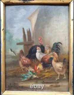 Old Painting By Claude Guilleminet Bass Scene Chickens Cock Turkey