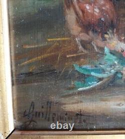 Old Painting By Claude Guilleminet Bass Scene Chickens Cock Turkey
