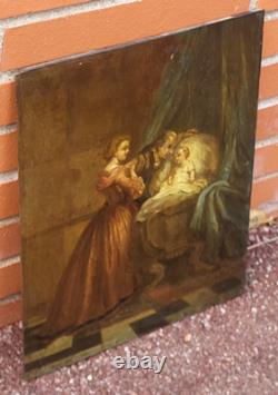 Old Painting. Interior Scene. Oil on Wood Panel Signed