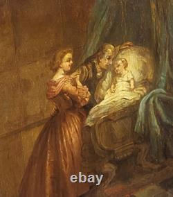 Old Painting. Interior Scene. Oil on Wood Panel Signed