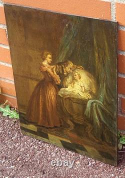 Old Painting. Interior Scene. Oil on Wood Panel Signed