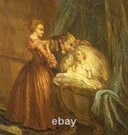 Old Painting. Interior Scene. Oil on Wood Panel Signed