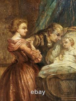 Old Painting. Interior Scene. Oil on Wood Panel Signed