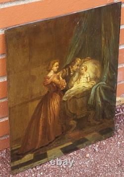 Old Painting. Interior Scene. Oil on Wood Panel Signed