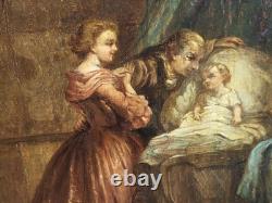 Old Painting. Interior Scene. Oil on Wood Panel Signed