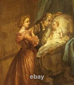 Old Painting. Interior Scene. Oil on Wood Panel Signed