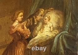 Old Painting. Interior Scene. Oil on Wood Panel Signed