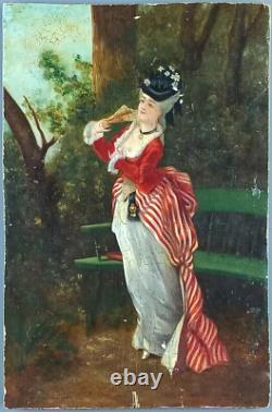 Old Painting Lady with Fan Antique Oil Painting