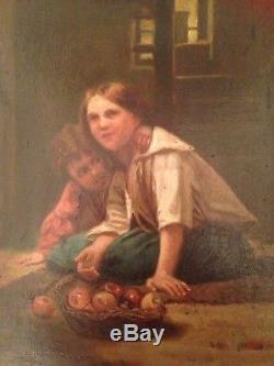 Old Painting Nineteenth Portrait Of Children Oil On Wood Signed Aubry Deforge Frame
