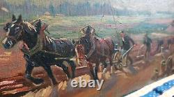 Old Painting Oil French Barbizon School Animals Horses 19th Century