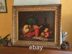 Old Painting Oil HST French School Fruit Vegetable Gilded Frame 19th Century