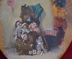 Old Painting, Oil On Pallet Late Nineteenth. Children