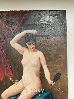 Old Painting Oil On Wood Woman Nude Artistic Draped Light Dark 1900's