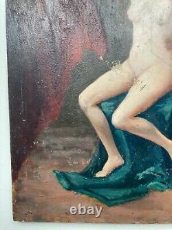 Old Painting Oil On Wood Woman Nude Artistic Draped Light Dark 1900's