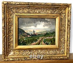 Old Painting Oil/Wood signed RAPP View of the Countryside Bell Tower