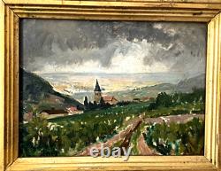 Old Painting Oil/Wood signed RAPP View of the Countryside Bell Tower